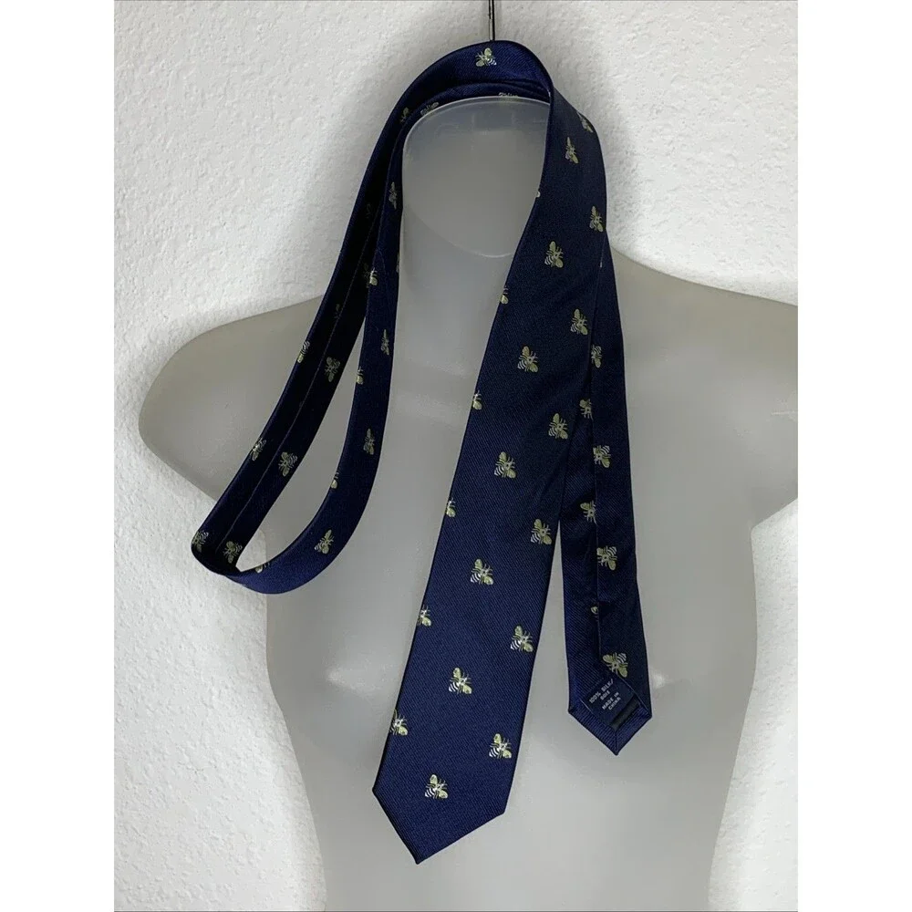 J. Crew Bumble Bee Print Classic Dress Tie Men's 100% Silk Blue Yellow White EUC